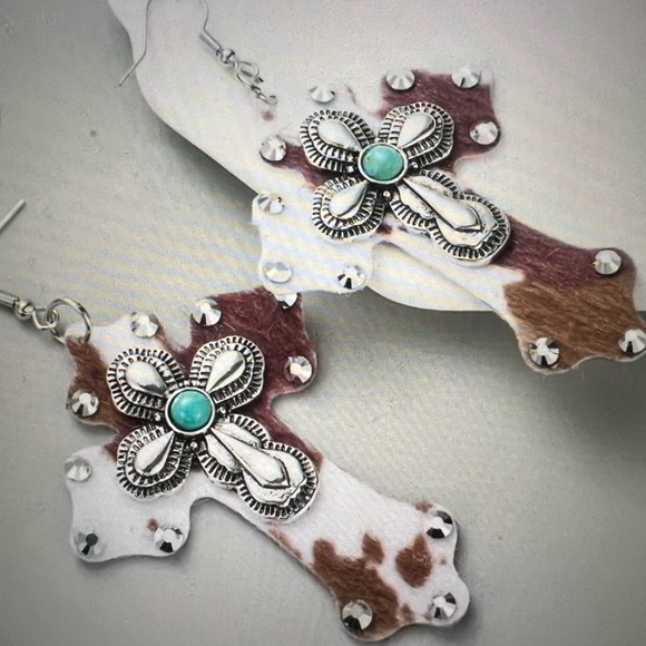 NWOT Leopard Cross Earrings with Turquoise Accent - Picture 2 of 4